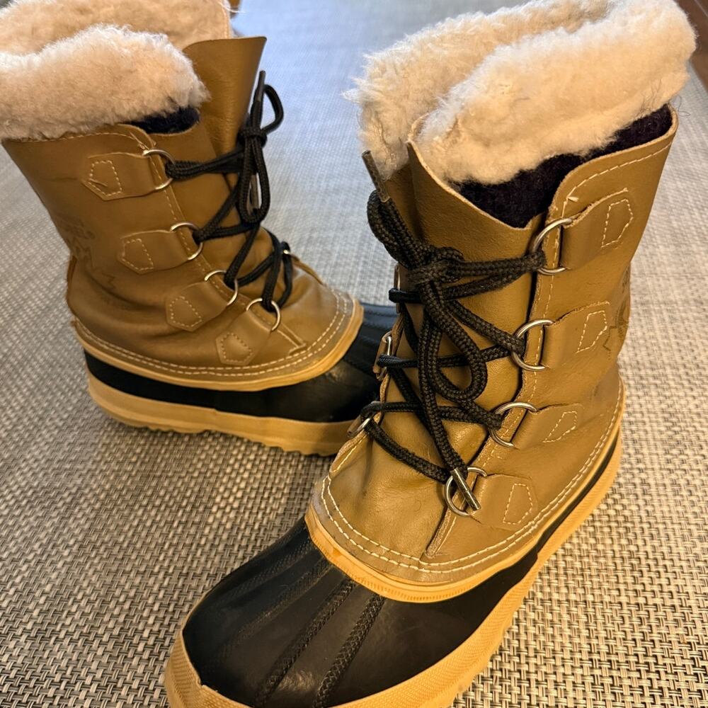 SOREL MANITOU Winter Boots Leather Waterproof Removable Wool Liner Beige Black 7